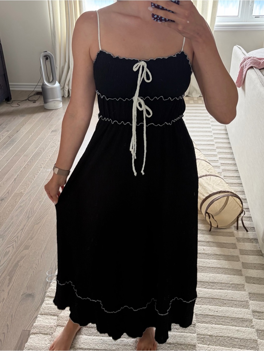 See You Monday Black Midi Dress with White Trim